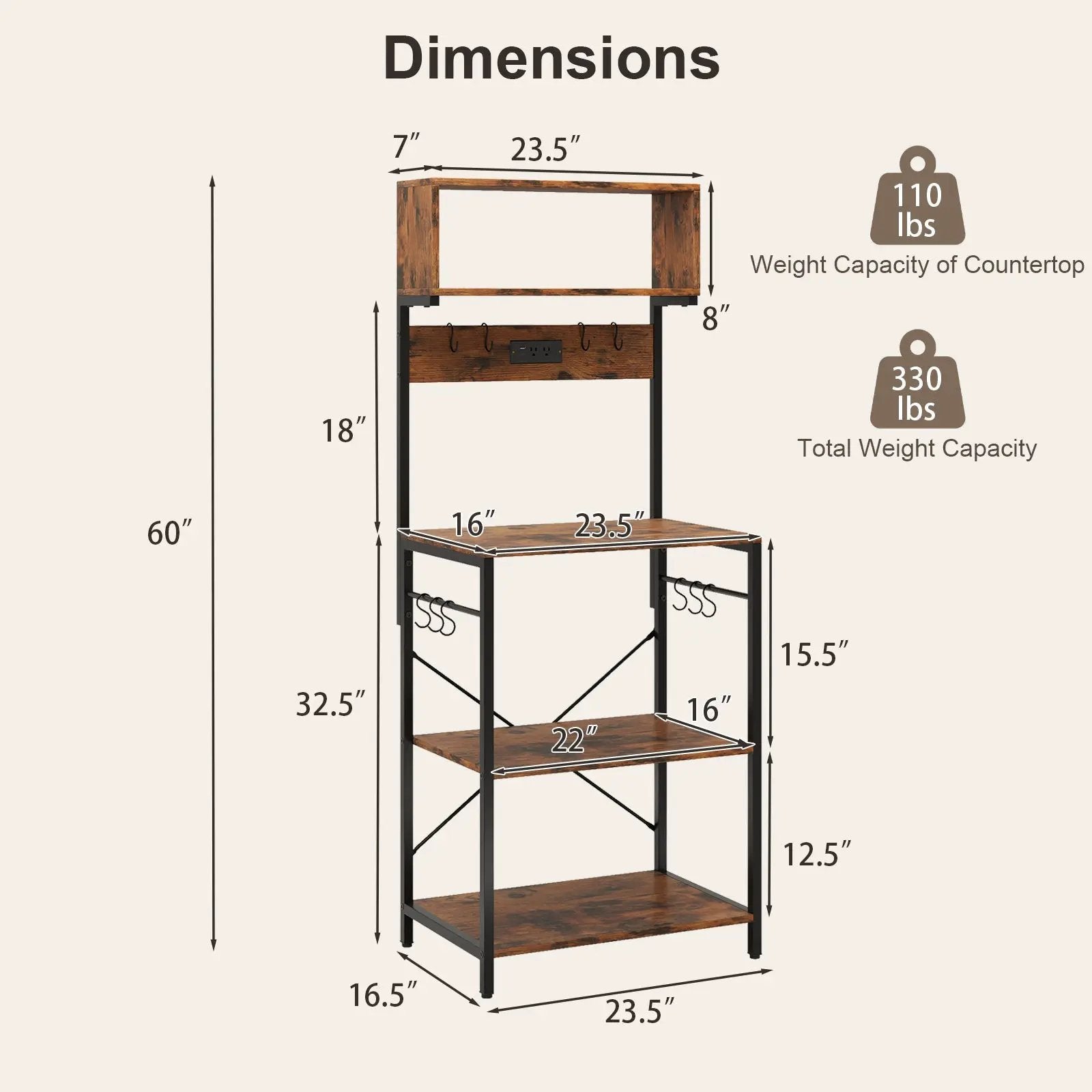 60 Inch Tall Microwave Stand with Open Shelves and 10 Hanging Hooks-Rustic Brown by DirectDeals
