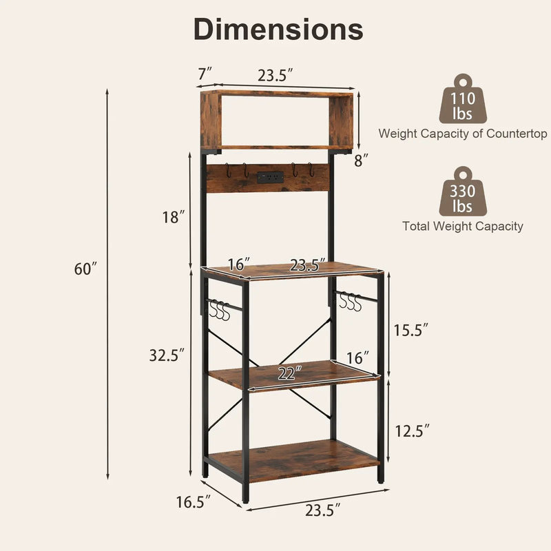 60 Inch Tall Microwave Stand with Open Shelves and 10 Hanging Hooks-Rustic Brown by DirectDeals