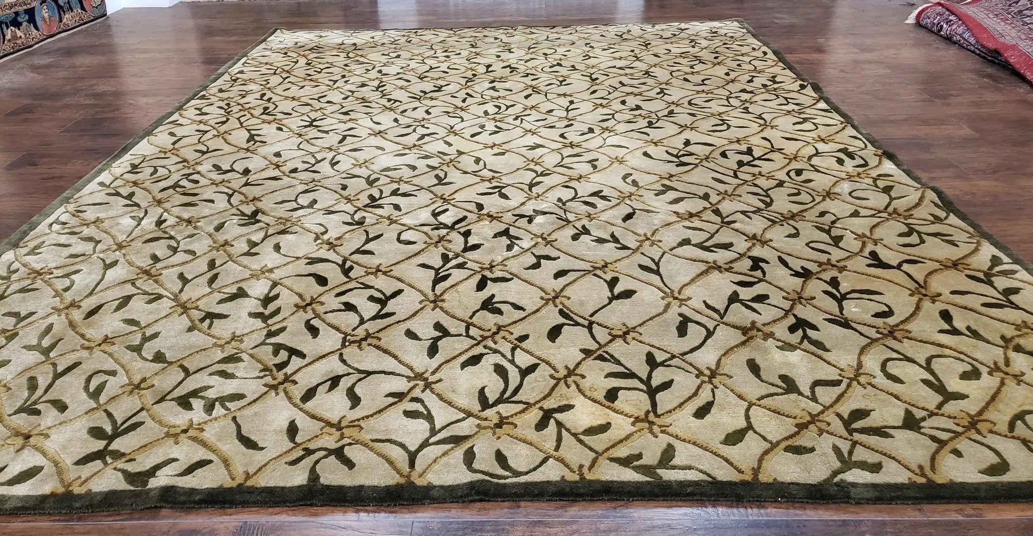 Vintage Tibetan Nepalese Area Rug 9x12, Wool Hand-Knotted, Beige Nepali Soft Pile Carpet, 9 x 12 Living Room Modern Dining Room Rug by Jewel Rugs