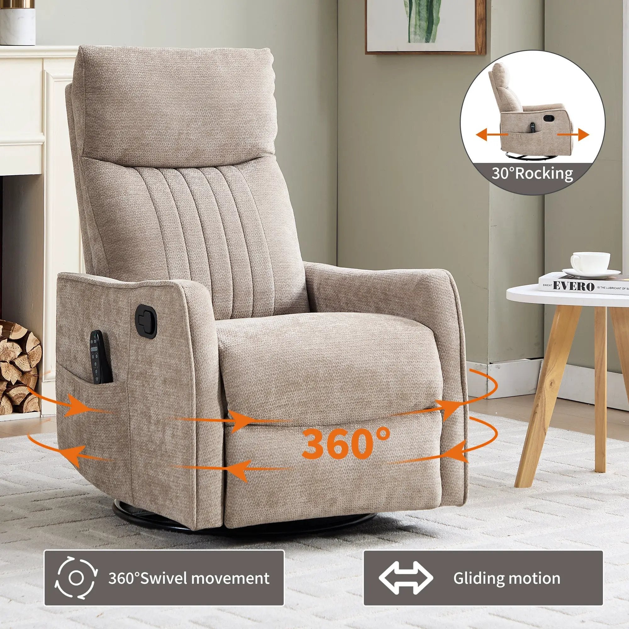 Khaki Heat Massage Manual Recliner Chair with Rocker and Swivel in Fabric for Living Room by HouseOfZazla