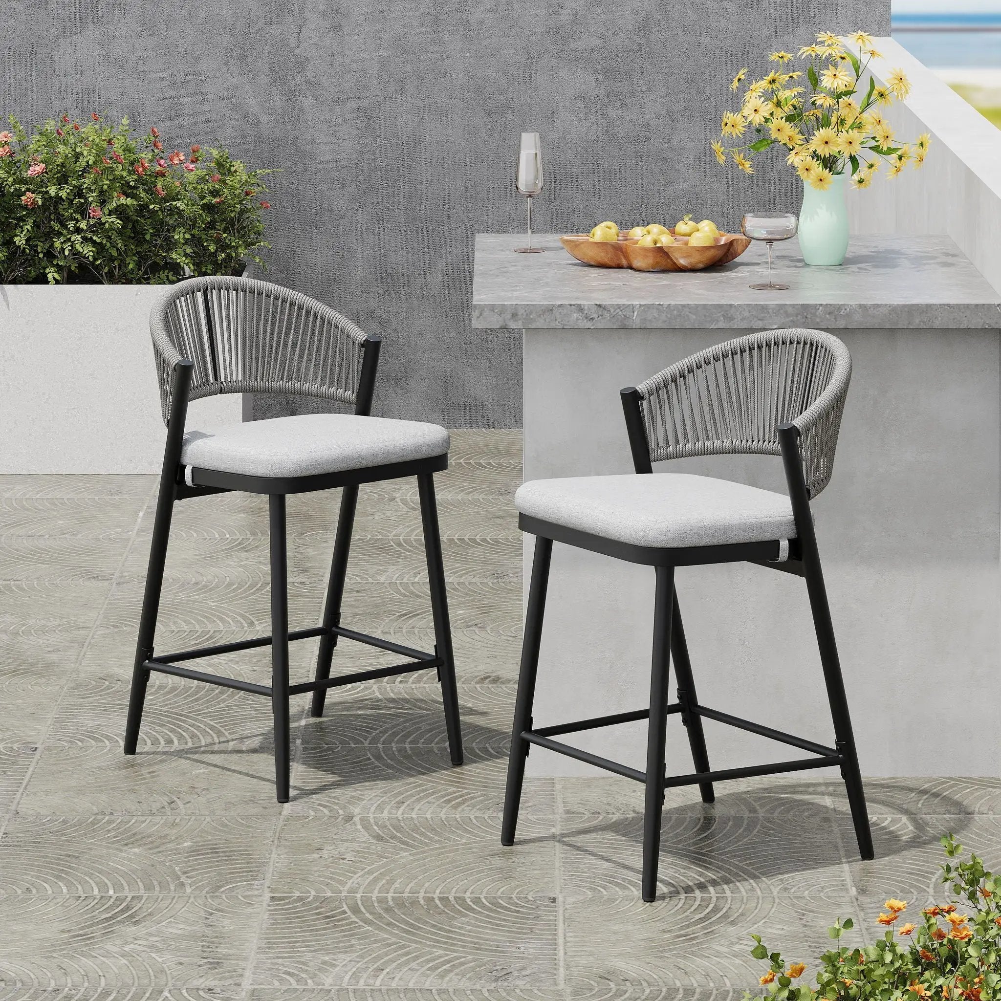 Outdoor 26" Counter Height Metal Frame Counter Stools With Scallop Shaped Backrest & Water Resistant Cushions by HouseOfZazla