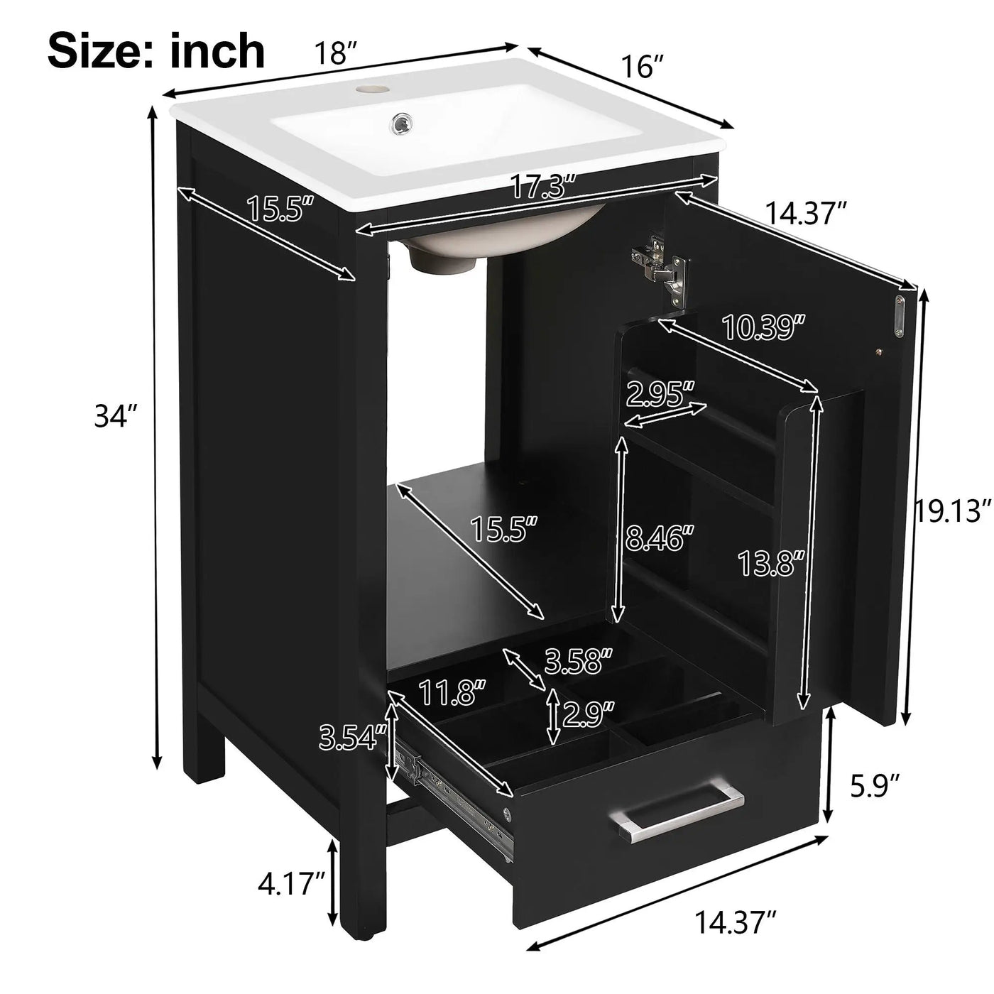 Bathroom Vanity With Ceramic Sink, Soft Close Drawers, Door Organizer, Divider Drawer, Adjustable Foot Pads by Unique Piece Furniture