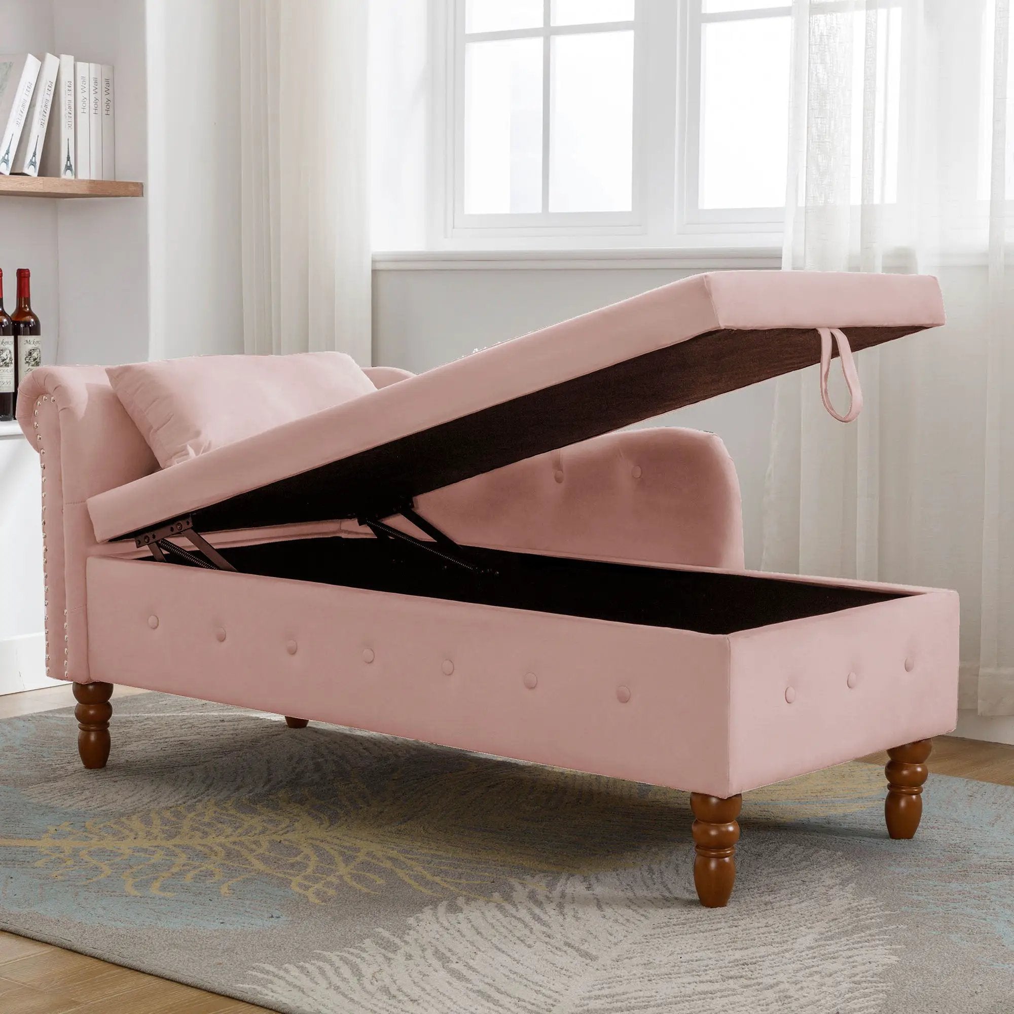 Chaise Lounge Indoor, Lounge Chair For Bedroom With Storage & Pillow, Modern Upholstered Rolled Arm Chase Lounge For Sleeping With Nailhead Trim For Living Room Bedroom Office by HouseOfZazla
