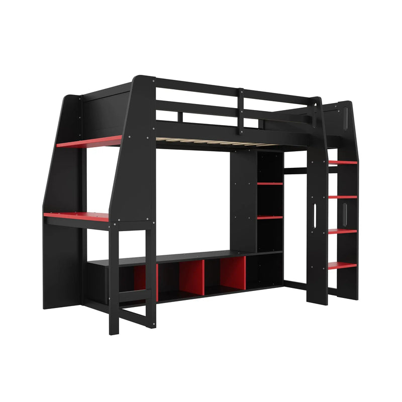Gaming Loft Bed With Desk, Multi Storage Shelves, LED Lighting, And Hanging Clothes Rack by Unique Piece Furniture