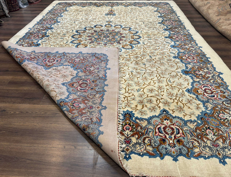 Persian Kashan Rug 9 x 12.6, Ivory and Blue, Floral Medallion, Wool Hand Knotted Semi Antique Carpet by Jewel Rugs