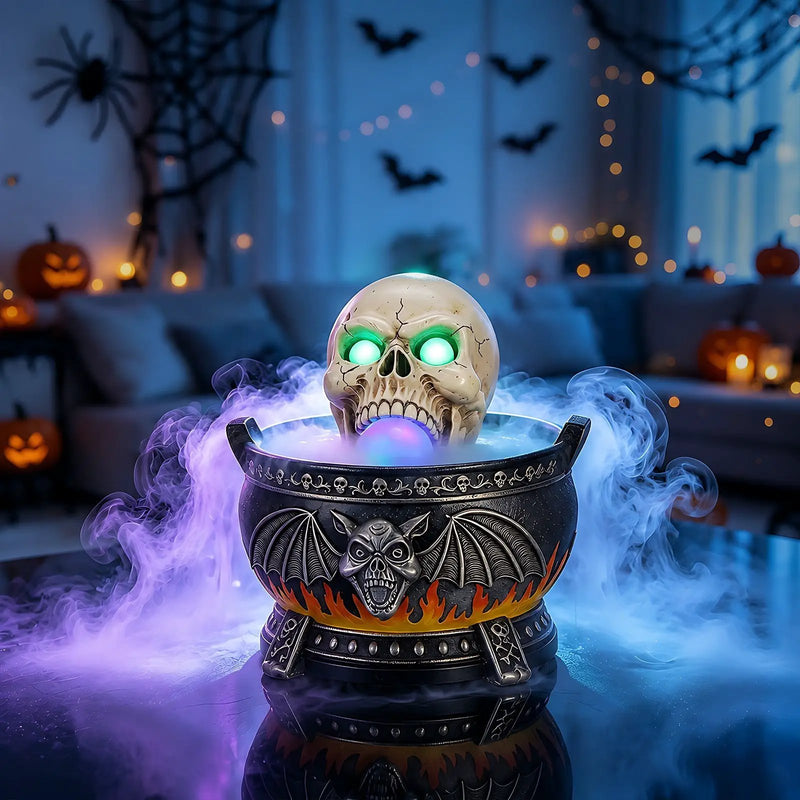 Halloween Skull Cauldron Statue with LED Light and Smoke Fog Effect by HouseOfZazla