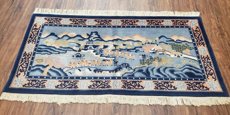 Vintage Chinese Pictorial Rug 2'4" x 4' 7", Chinese Village, Wool Hand-Knotted Blue & Teal Fine Carpet, Tapestry Rug, Woven Wall Art by Jewel Rugs