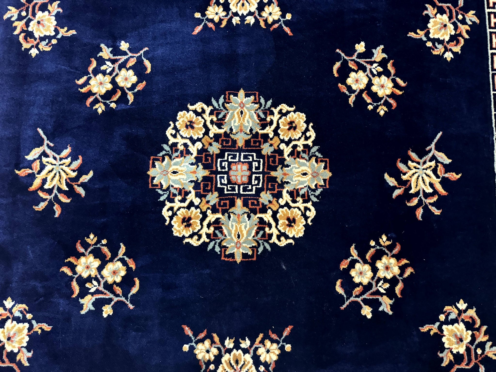 Chinese Wool Rug 8x11, Navy Blue and Terracotta, Floral, Couristan Belgium Power Loomed Carpet by Jewel Rugs