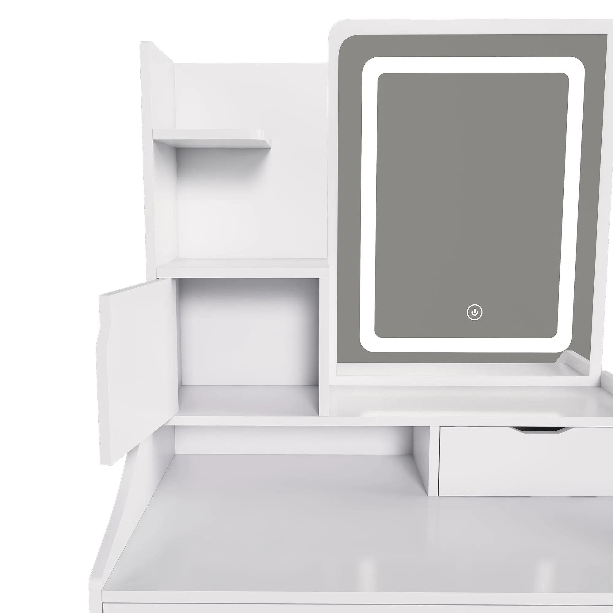 3 Color LED Vanity Mirror With Stool, Dressing Table For Bedroom, 2 Drawers & 5 Storage Cabinets (4 Open + 1 Hidden), Adjustable Lighting - White by HouseOfZazla