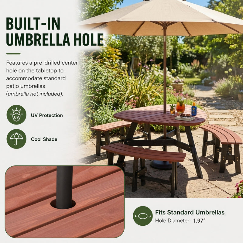 6-Person Semi-Circular Outdoor Solid Fir Wood Picnic Table Set, Rustic by HouseOfZazla