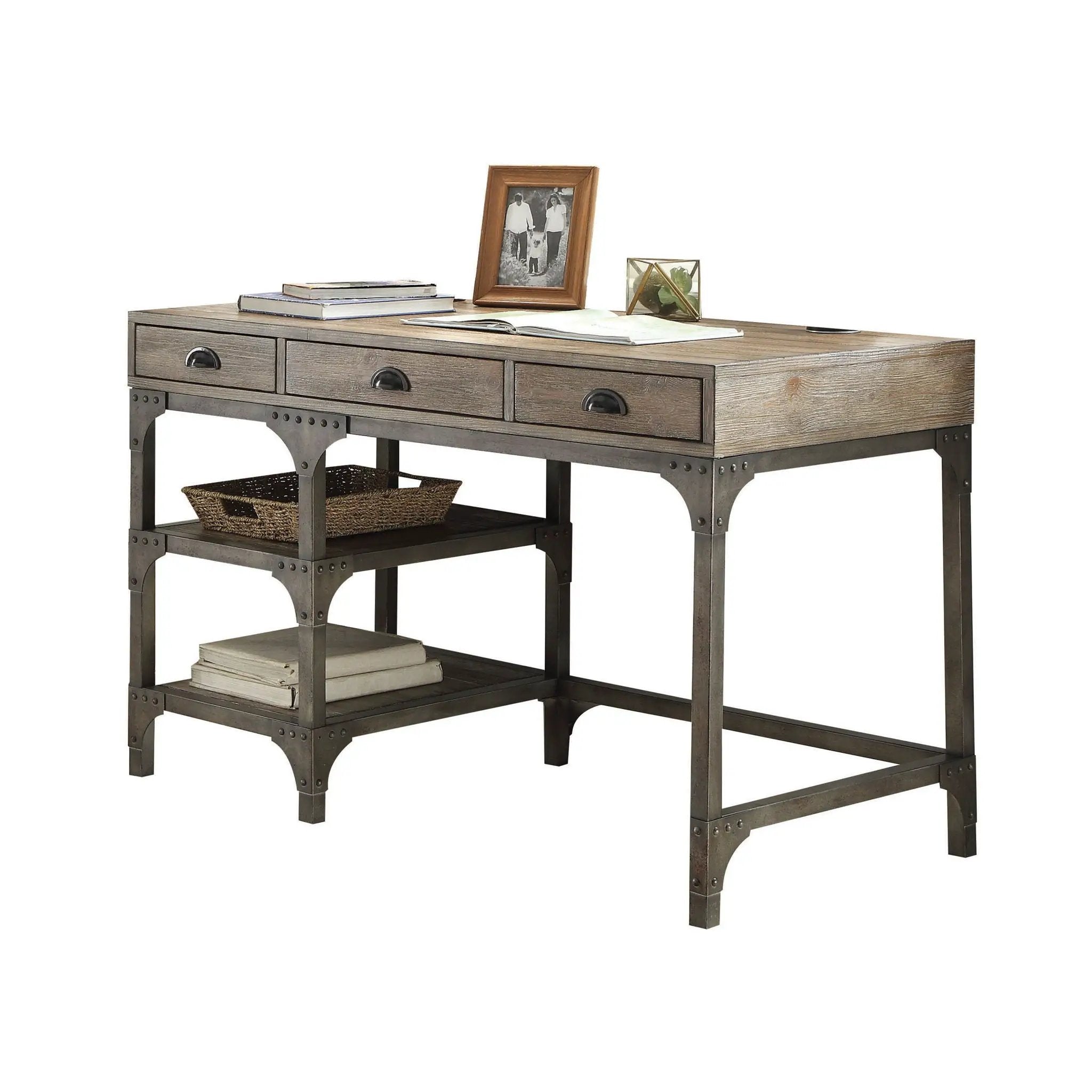 Gorden - Weathered Antique Metal Writing Desk - Oak by Unique Piece Furniture