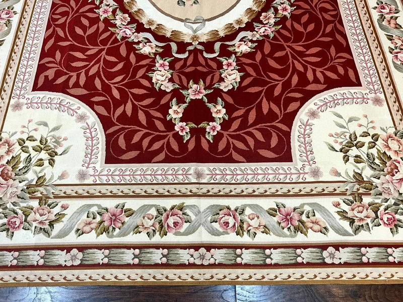 Wonderful Aubusson Rug 9x12, Handmade Vintage Needlepoint Carpet, Red and Ivory, Elegant European Design, Wool by Jewel Rugs