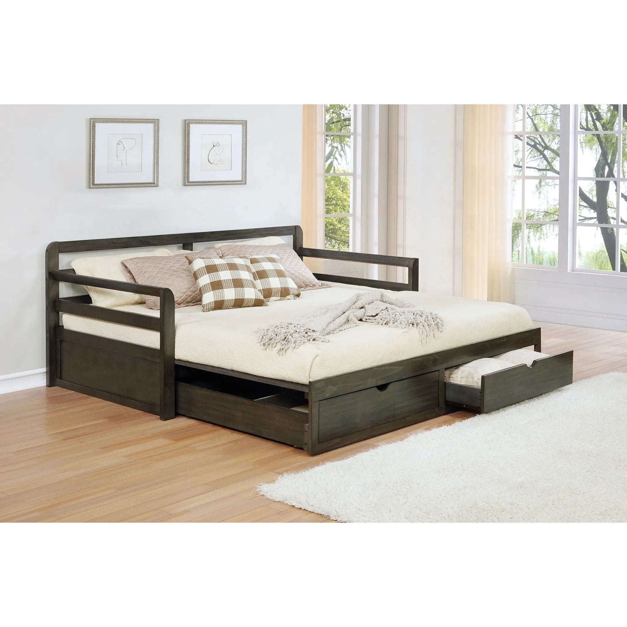 Twin Long 2 Drawer Daybed With Extendable Trundle, Storage Drawers, Fits Standard Mattress - Gray by HouseOfZazla