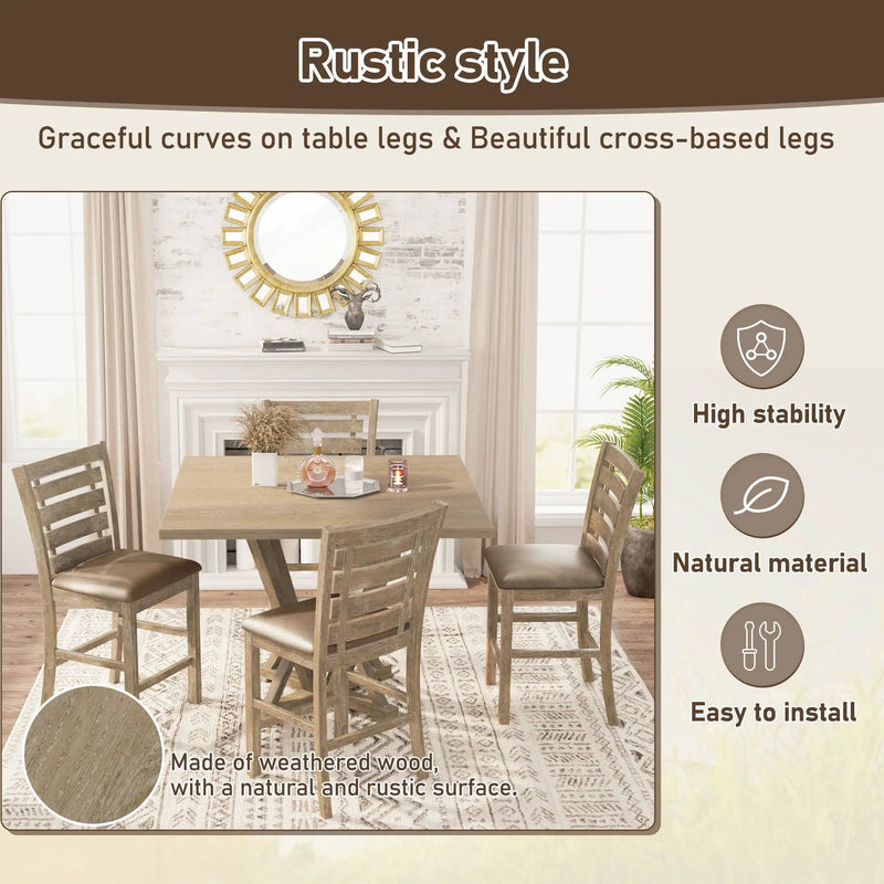 Modern Farmhouse Square Counter Table Solid Wood Rubberwood Antique Finishing Rustic Look Distressed Look Wire Brushed For 4 Seaters - Grayish Brown by HouseOfZazla