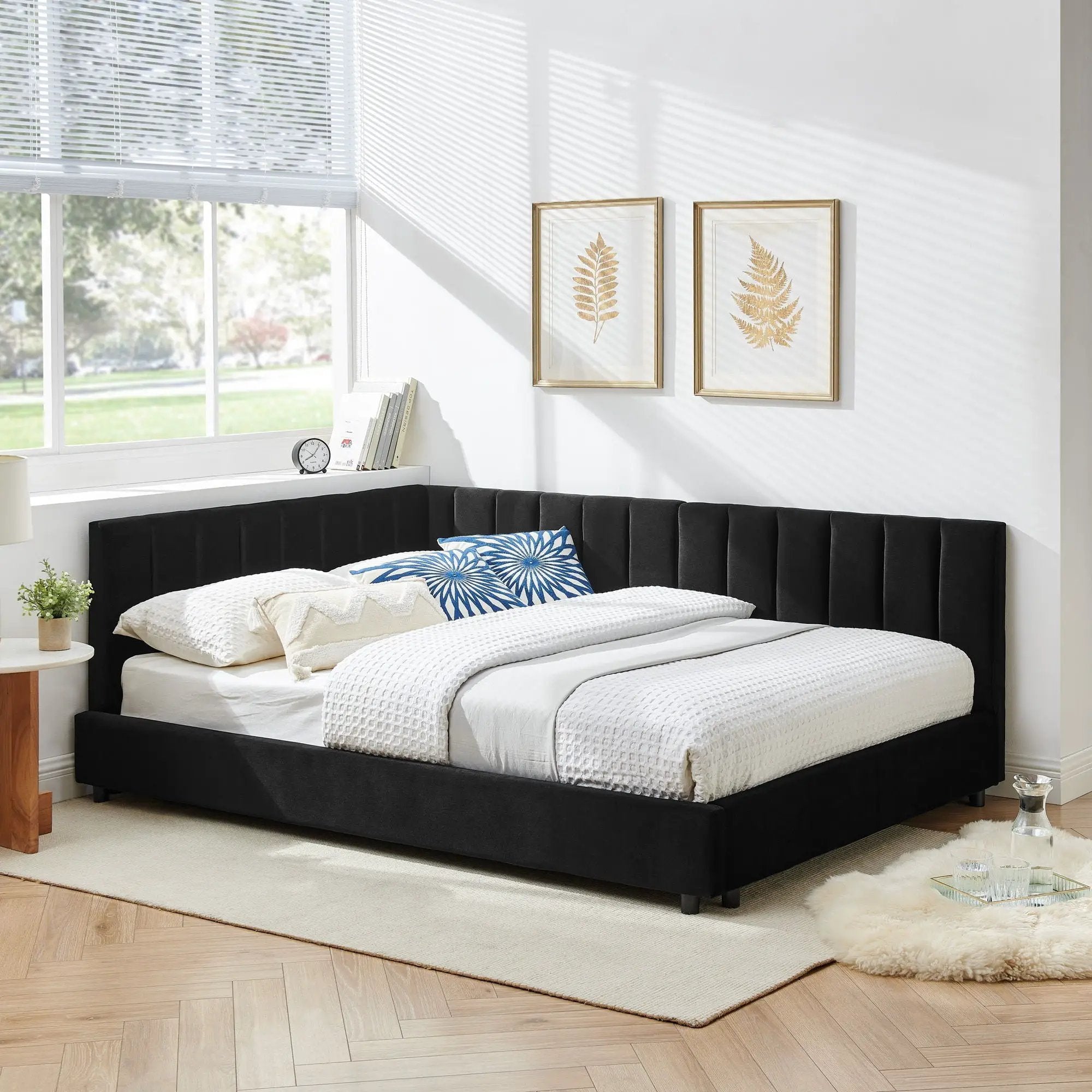 Mid-Century Upholstered Tufted Bed Frame with Backrest and Armrests by HouseOfZazla