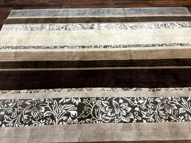 Modern Tibetan Nepali Rug 8x12, Stripe Pattern, Wool with Silk Highlights, Handmade, Beige Tan Brown by Jewel Rugs