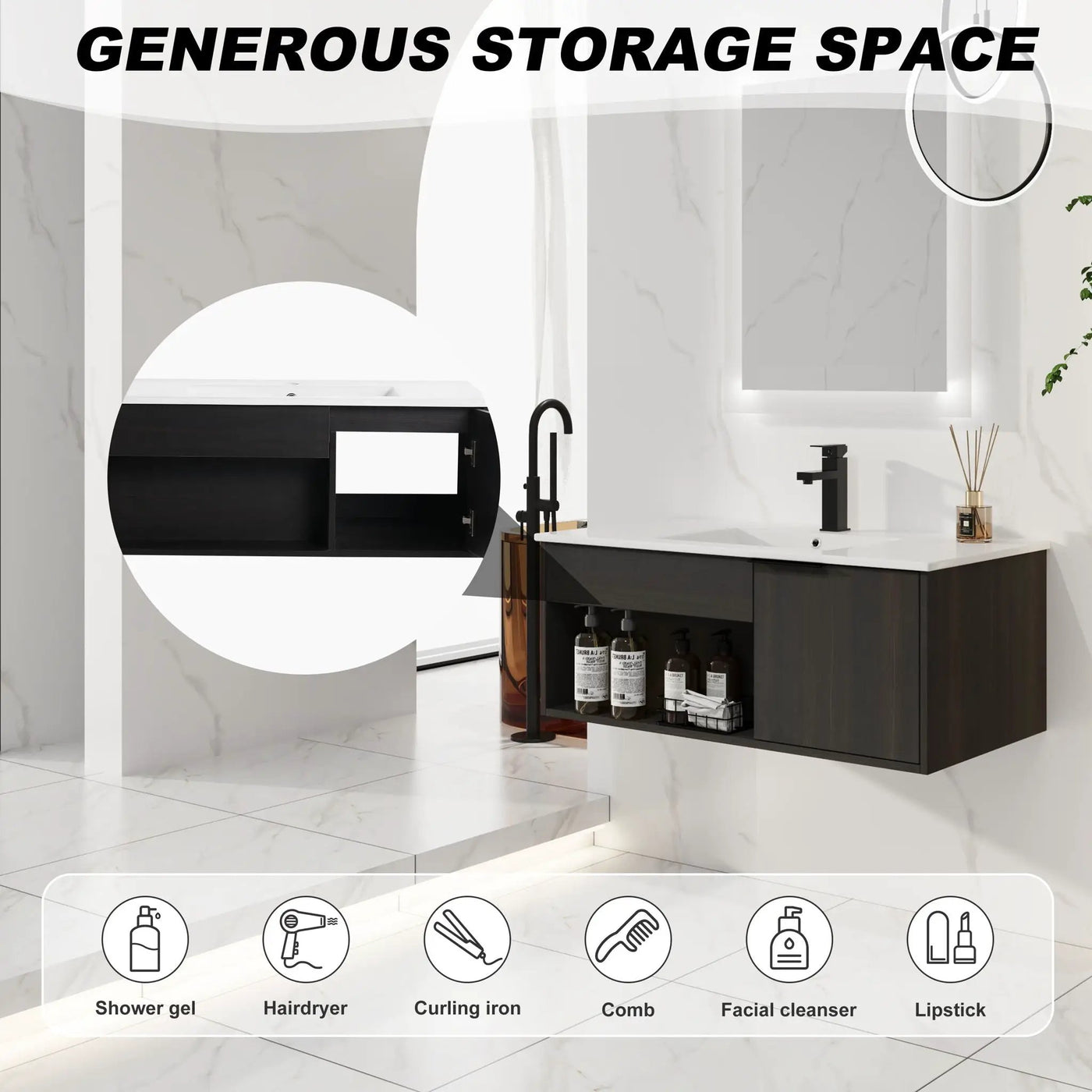 Wall Mounted Floating Bathroom Vanity With Open Shelf & Soft Close Door by HouseOfZazla