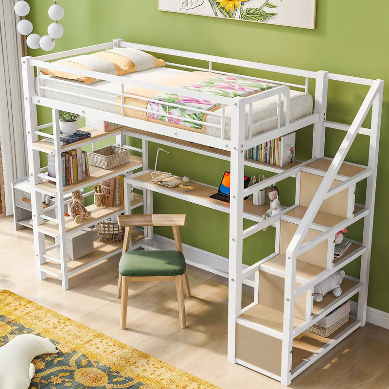 Twin Size Loft Bed With Built In Desk, Staircase Storage & 4 Tier Shelves - White by Unique Piece Furniture