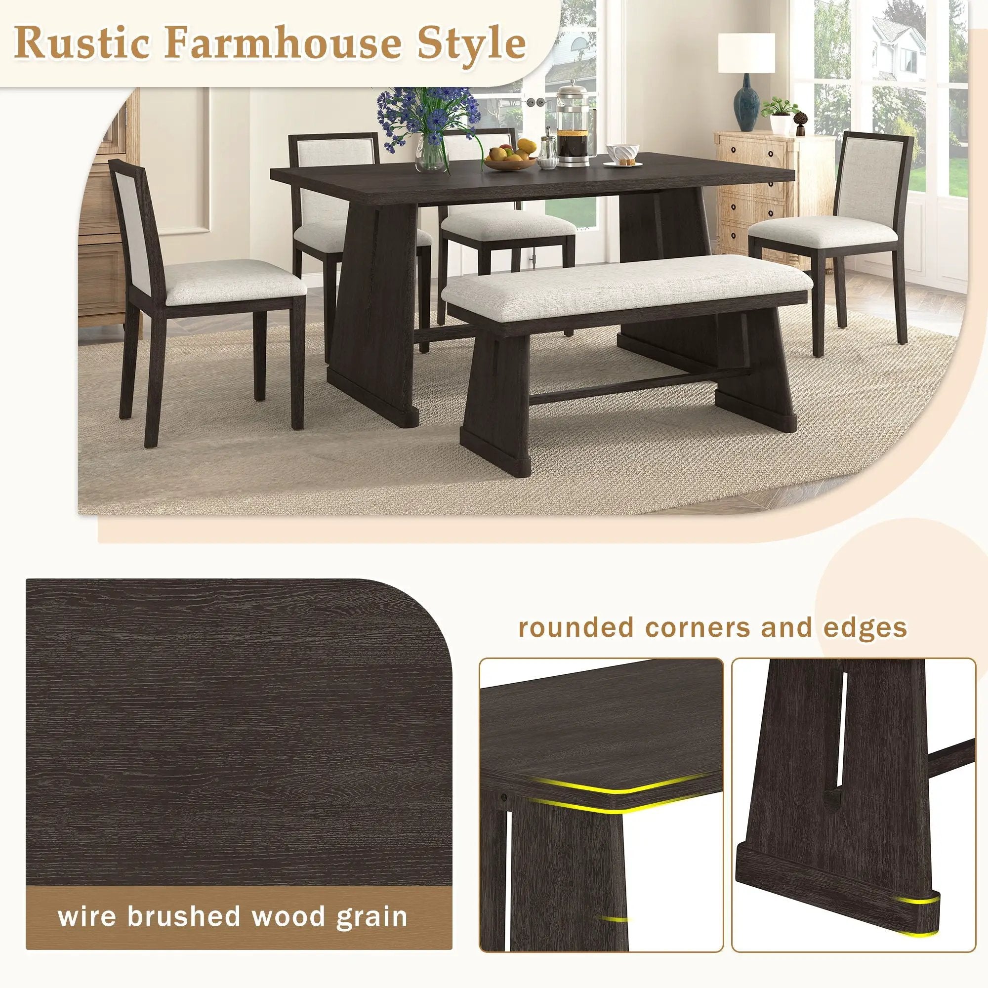 Dining Set With Rectangular Table, 4 Upholstered Chairs & 1 Padded Bench by Unique Piece Furniture