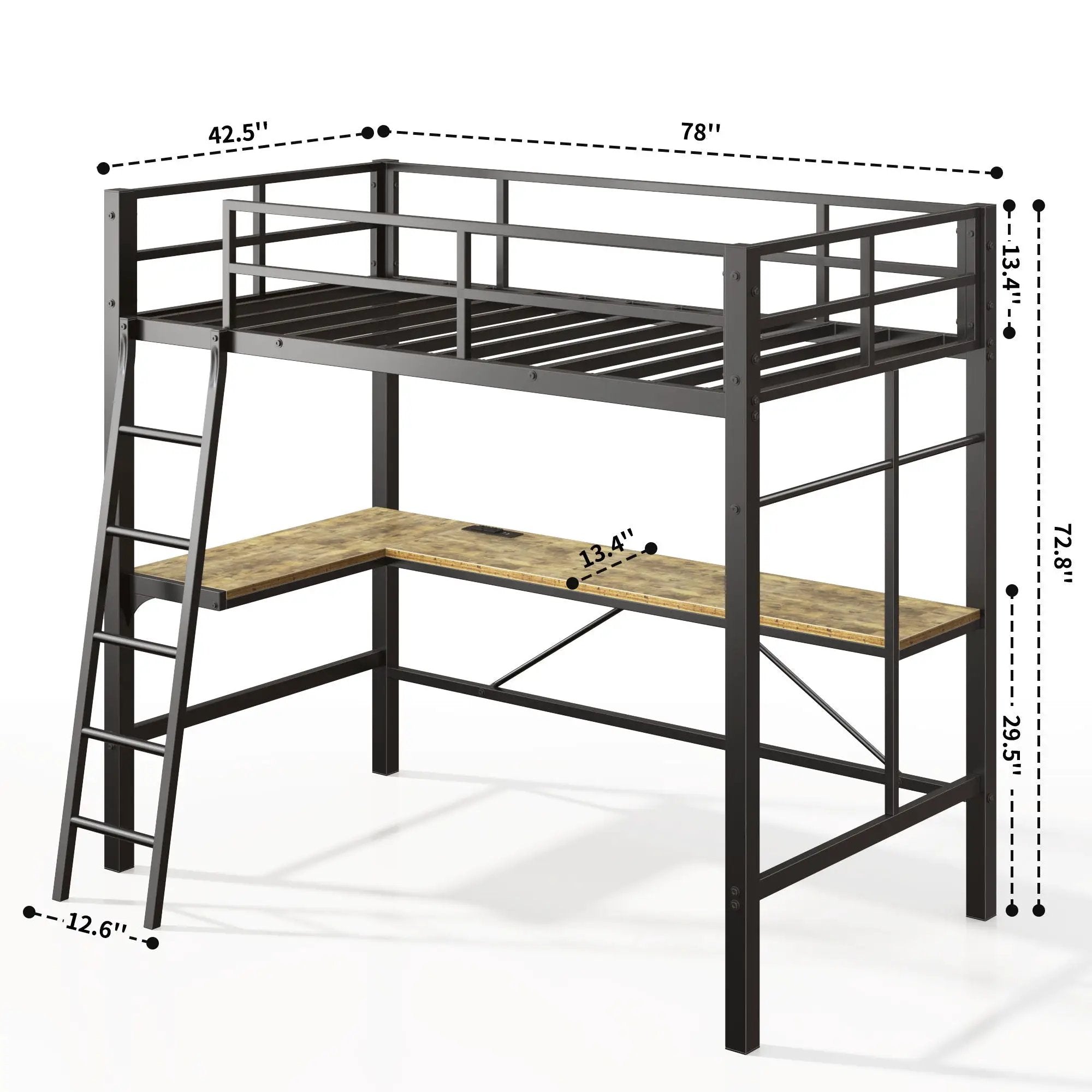 Twin Metal Loft Bed With L - Shaped Desk, Charging Station Loft Bed Frame Twin Size, Safety Guard & Ladder, No Box Spring Needed - Black by HouseOfZazla