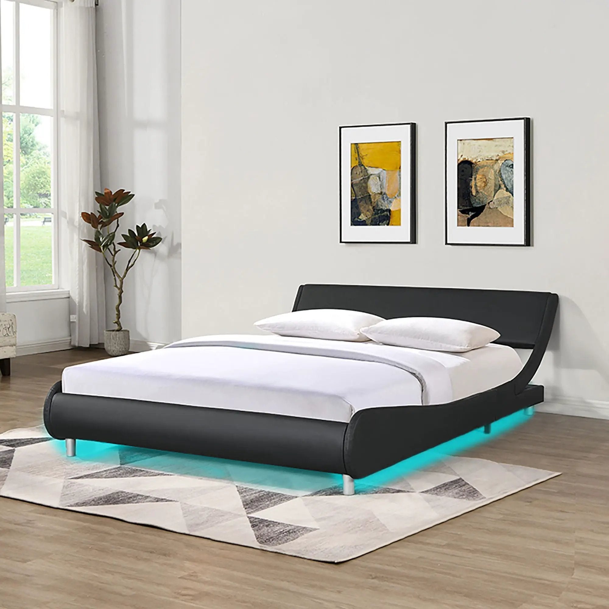 Queen Size Upholstered Platform Bed Frame With LED Lighting, Curve Design, Slat Support, No Box Spring Needed - Black by HouseOfZazla