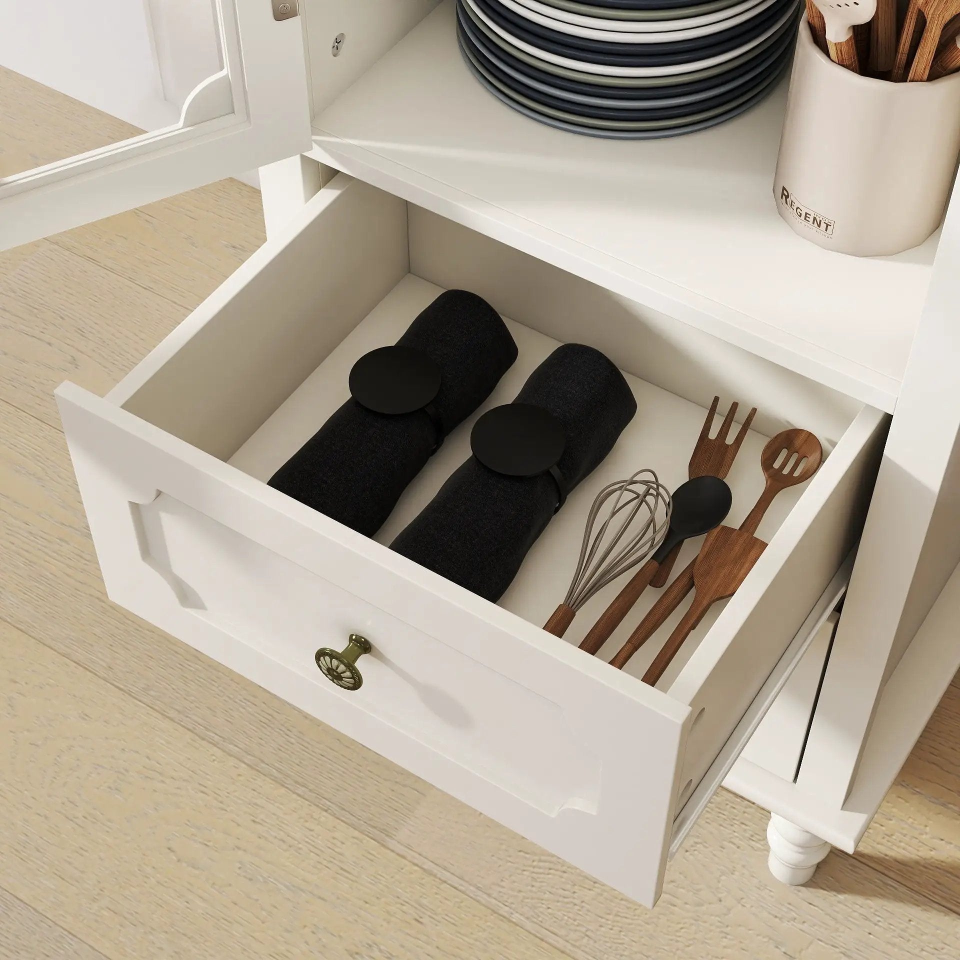 Minimalism Buffet Cabinet With Glass Doors And Double Drawer