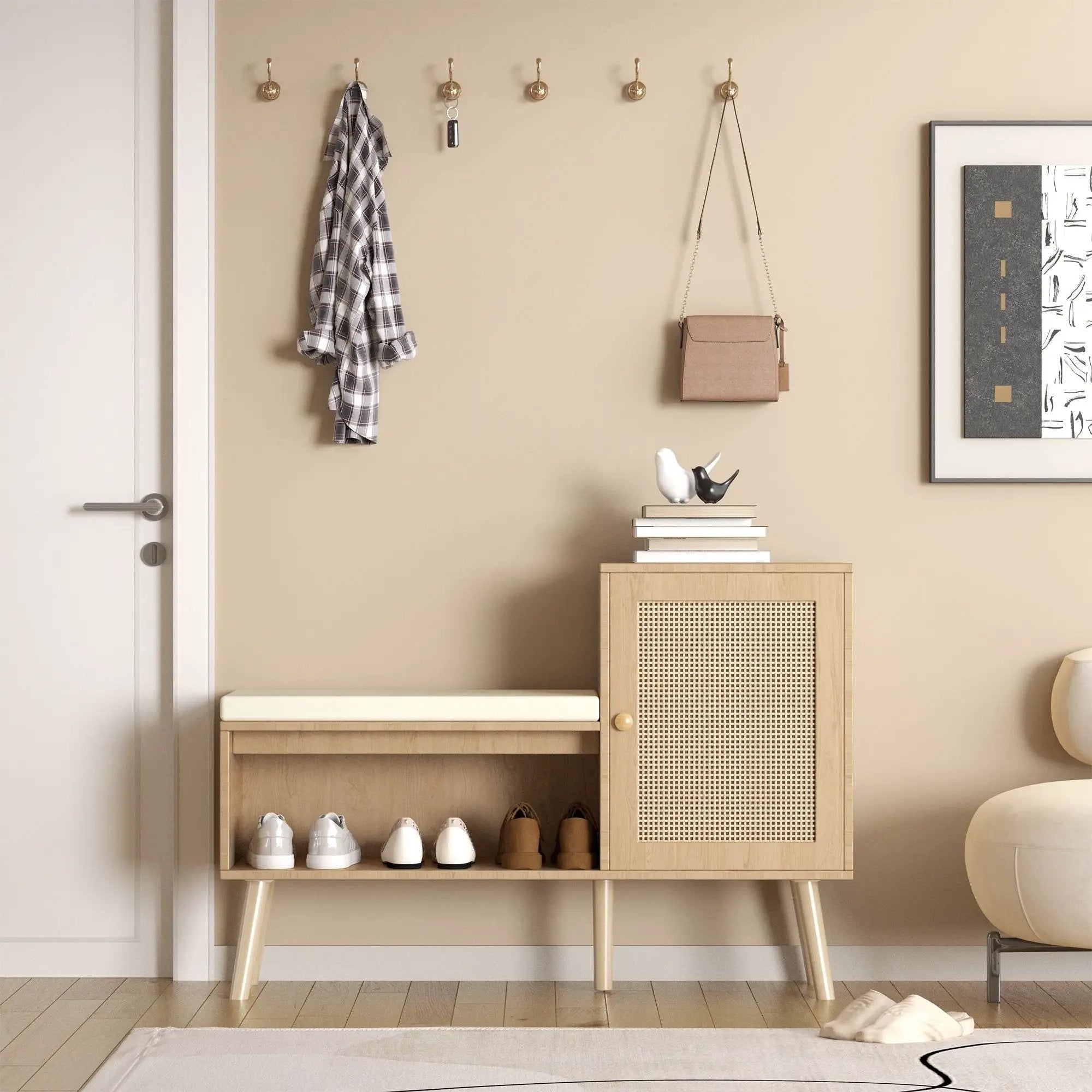 2 In 1 Shoe Storage Bench With Adjustable Shelves - Antique Natural / Rattan by Unique Piece Furniture