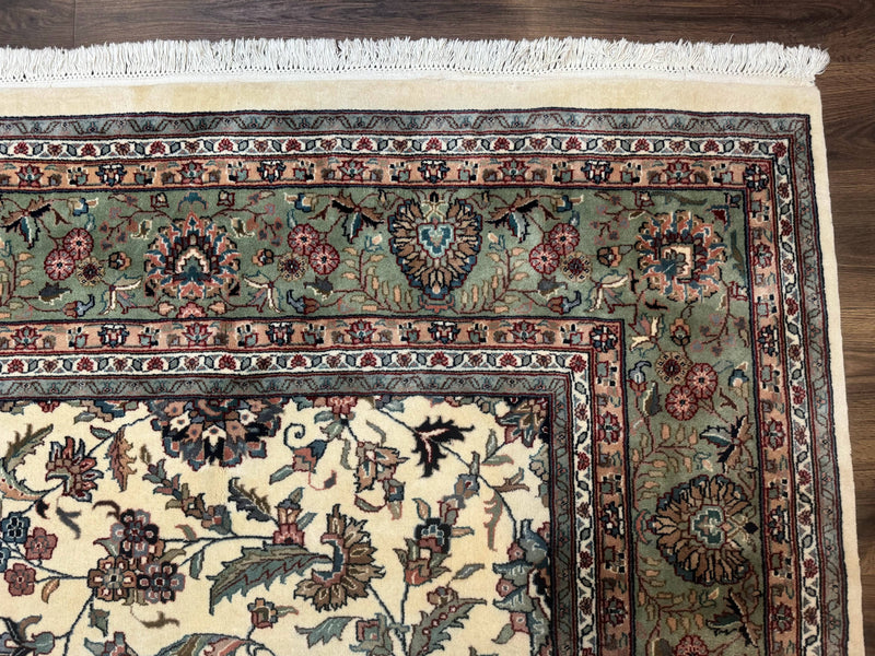 Indo Persian Rug 9x12, Allover Floral Pattern, Ivory & Green, Traditional Oriental Carpet by Jewel Rugs