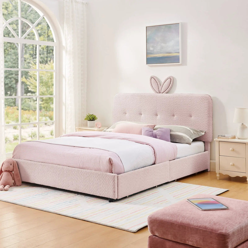 Queen Size Kids Upholstered Bed with Rabbit Ear Headboard & Storage by HouseOfZazla