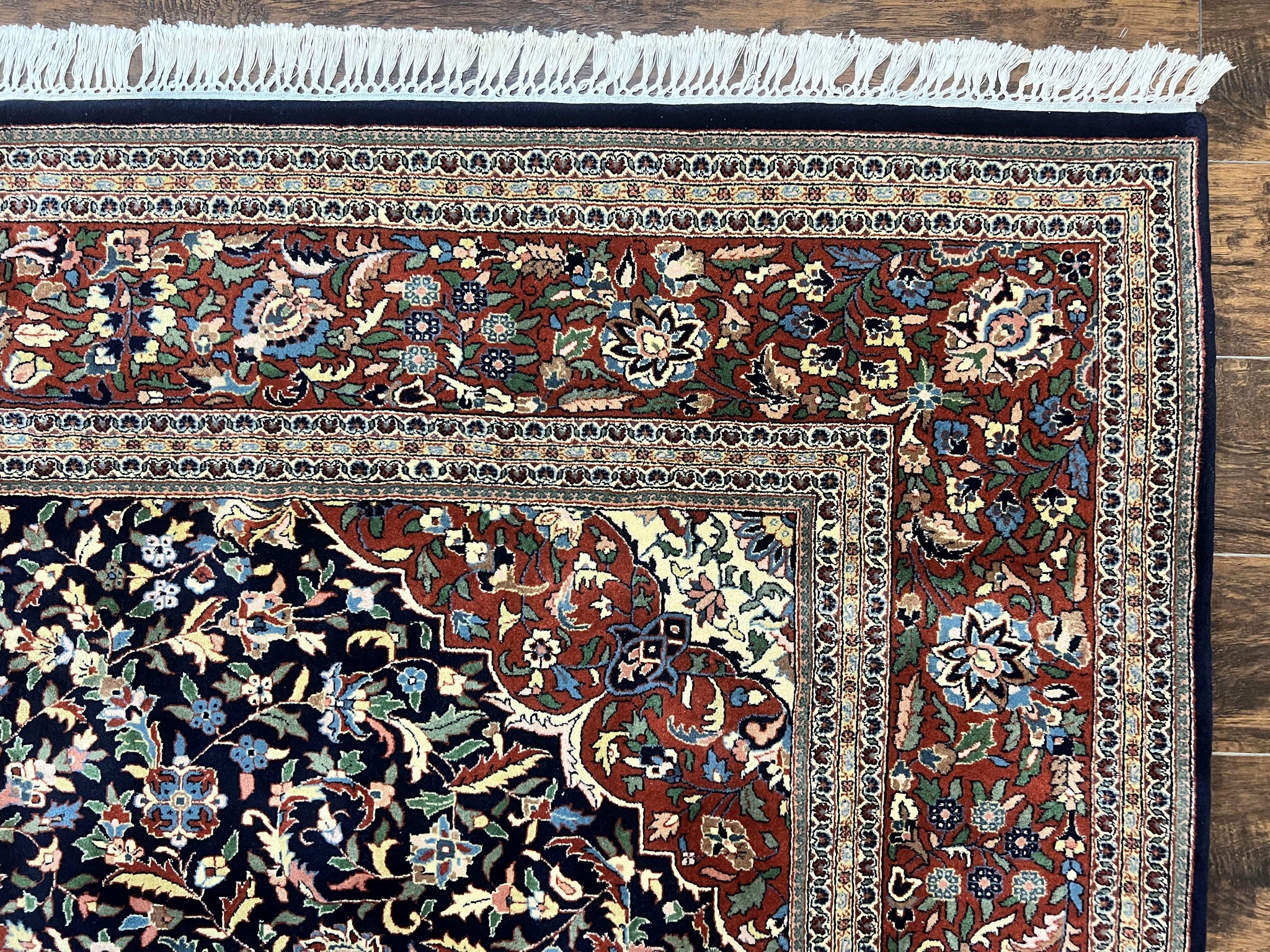 Indo Persian Rug 8x10, Floral Medallion, Vintage Handmade Wool Carpet, Navy Blue and Red, Fine 300 KPSI by Jewel Rugs