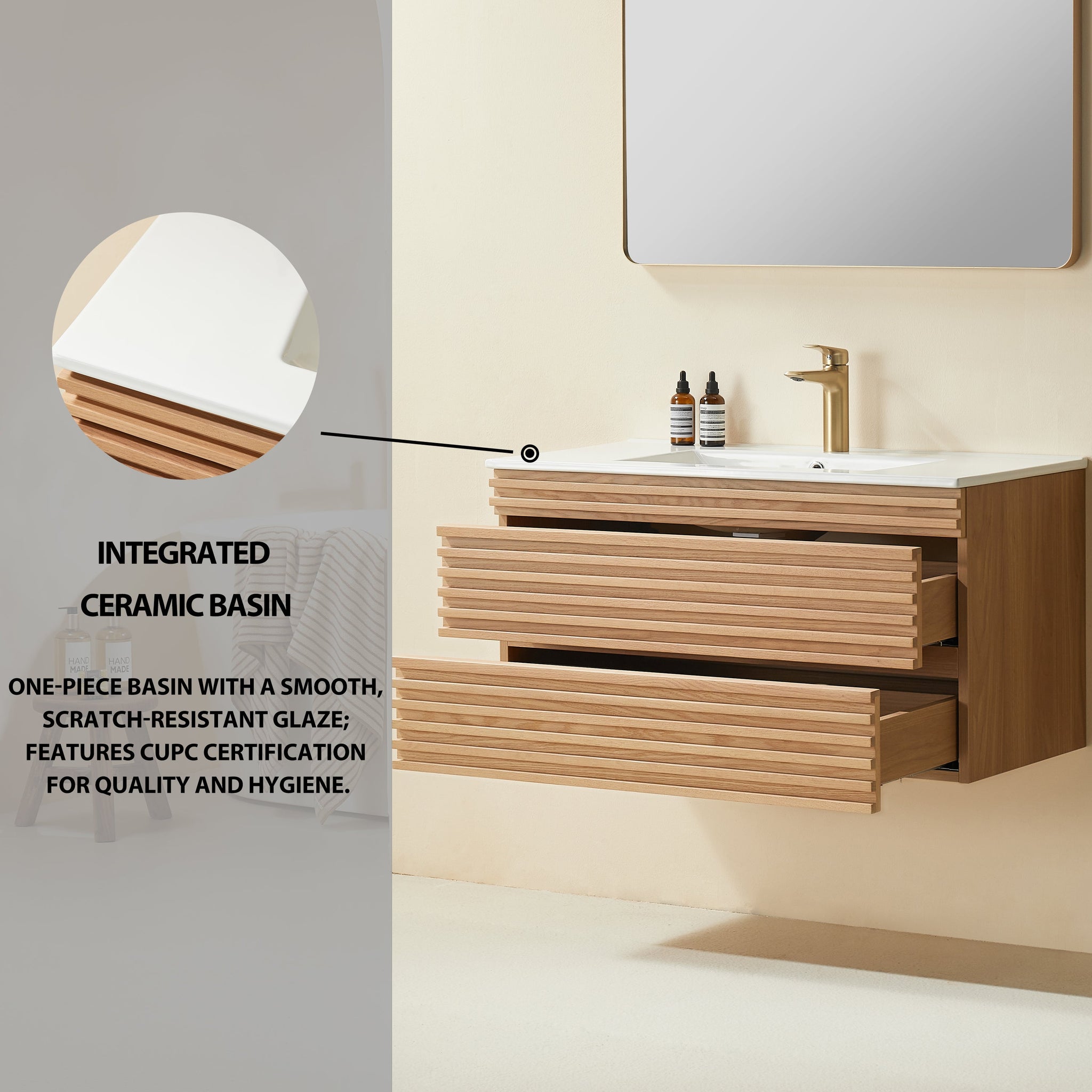 Pre-Assembled 36" Wall Mounted Floating Single Vanity Cabinet with Ceramic Top by HouseOfZazla