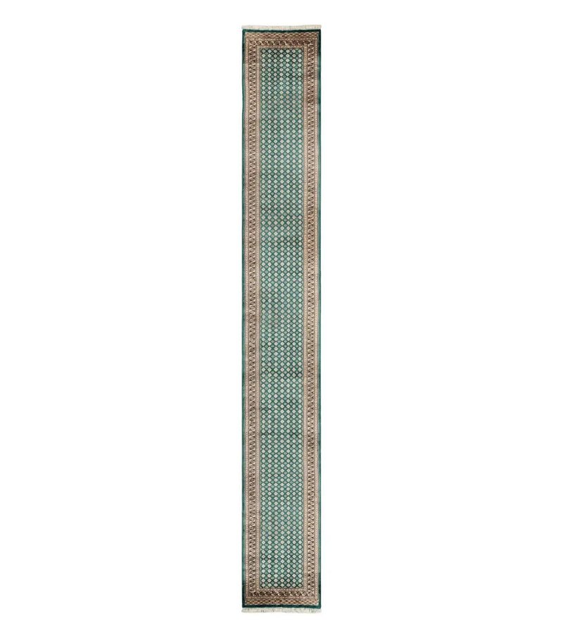 Long Pakistani Runner Rug 2.8 x 20, Hand Knotted Vintage Wool Hallway Rug, Turkoman Rug, Teal and Tan, Handmade Vintage Wool Runner by Jewel Rugs