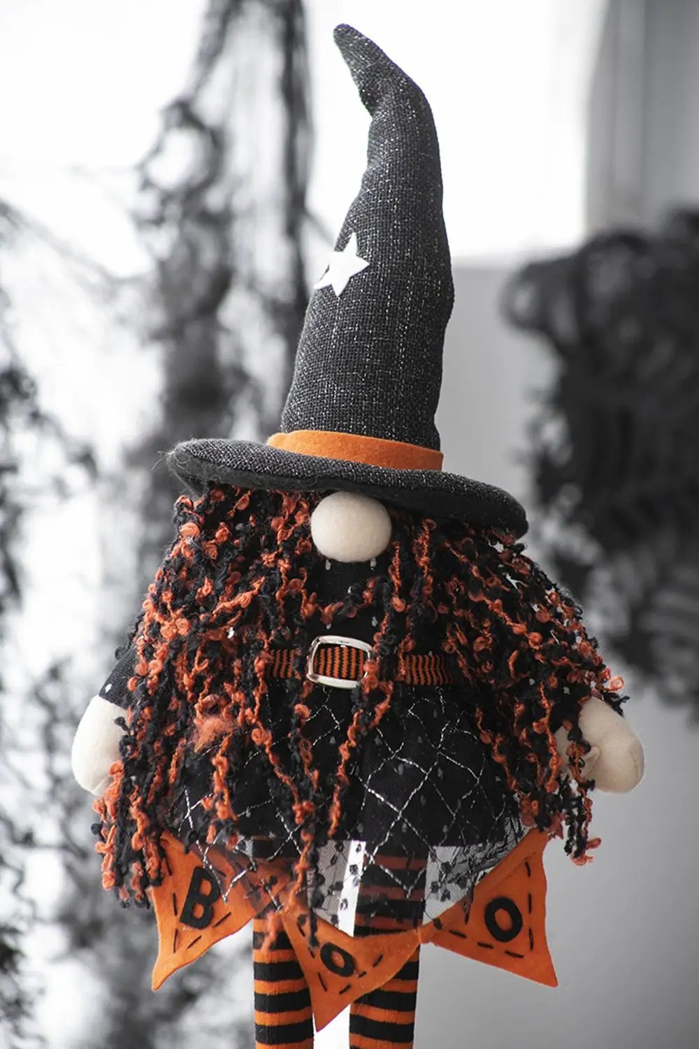 Standing Gnome With Banner & Spring Body, For Halloween Decor - Black / Orange / White by HouseOfZazla