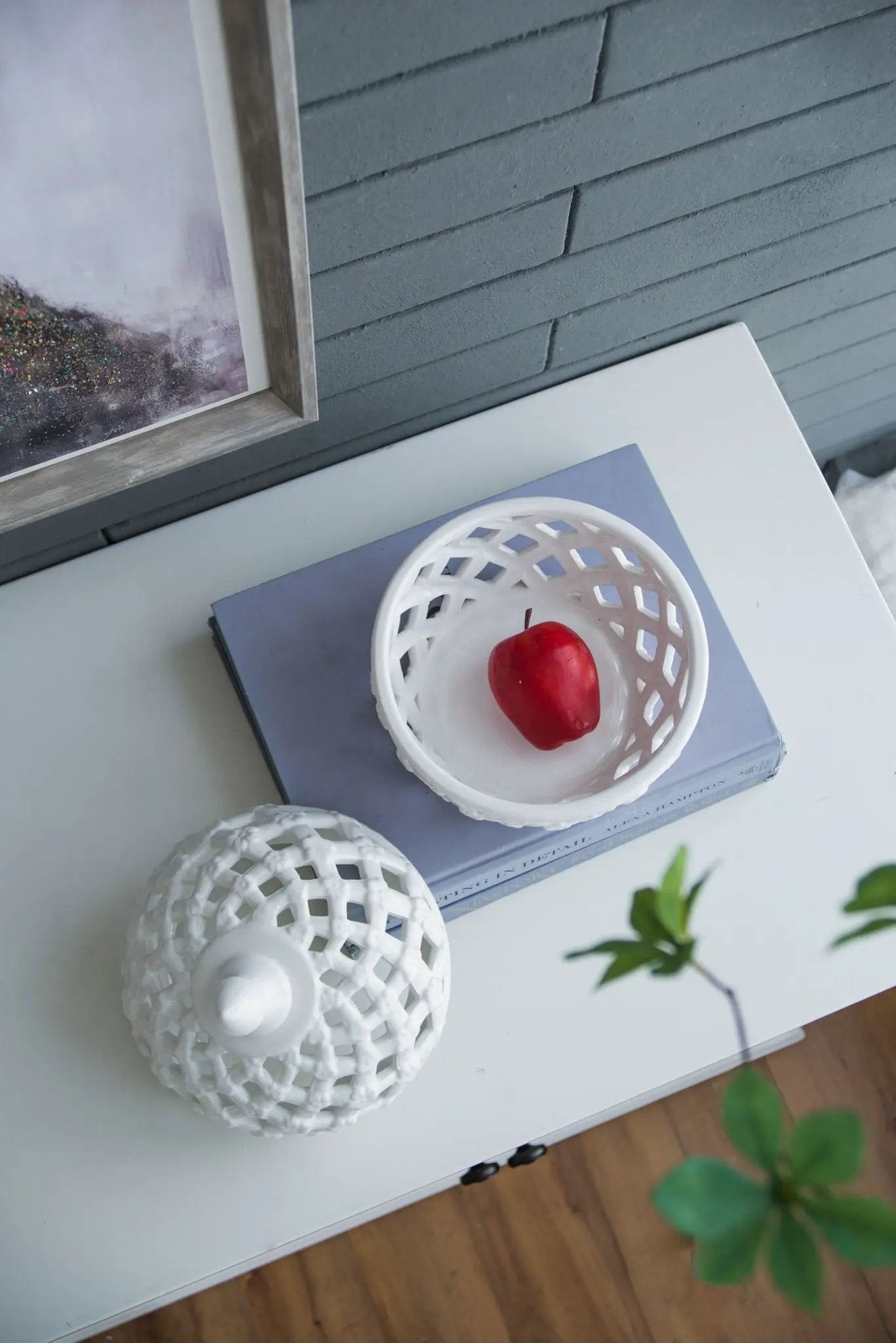 Ceramic Lidded Jar With Lattice Design - White by Unique Piece Furniture