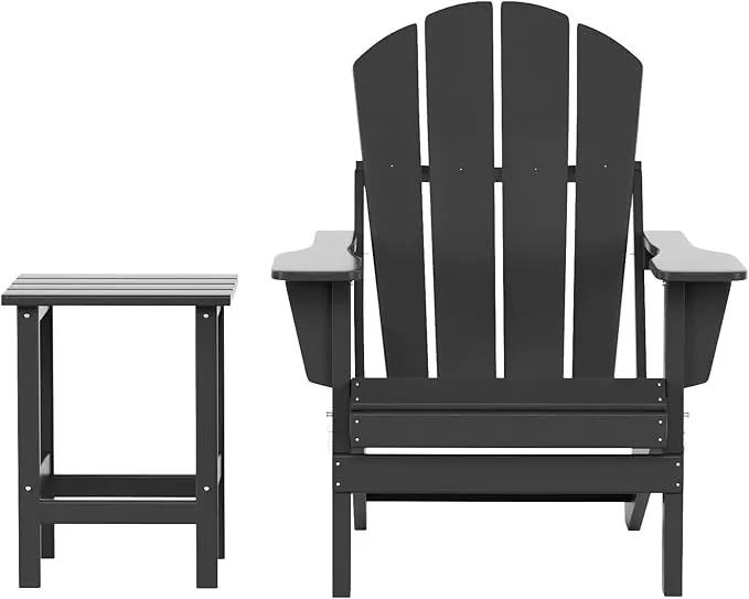 WO Home Furniture Adirondack Chair Table Set of 2 PCS Outdoor Folding Chair w Side Table Weather/UV Resistant for Lawn, Garden, Bon Fire, Balcony (Grey) by GreenHaven Gardens