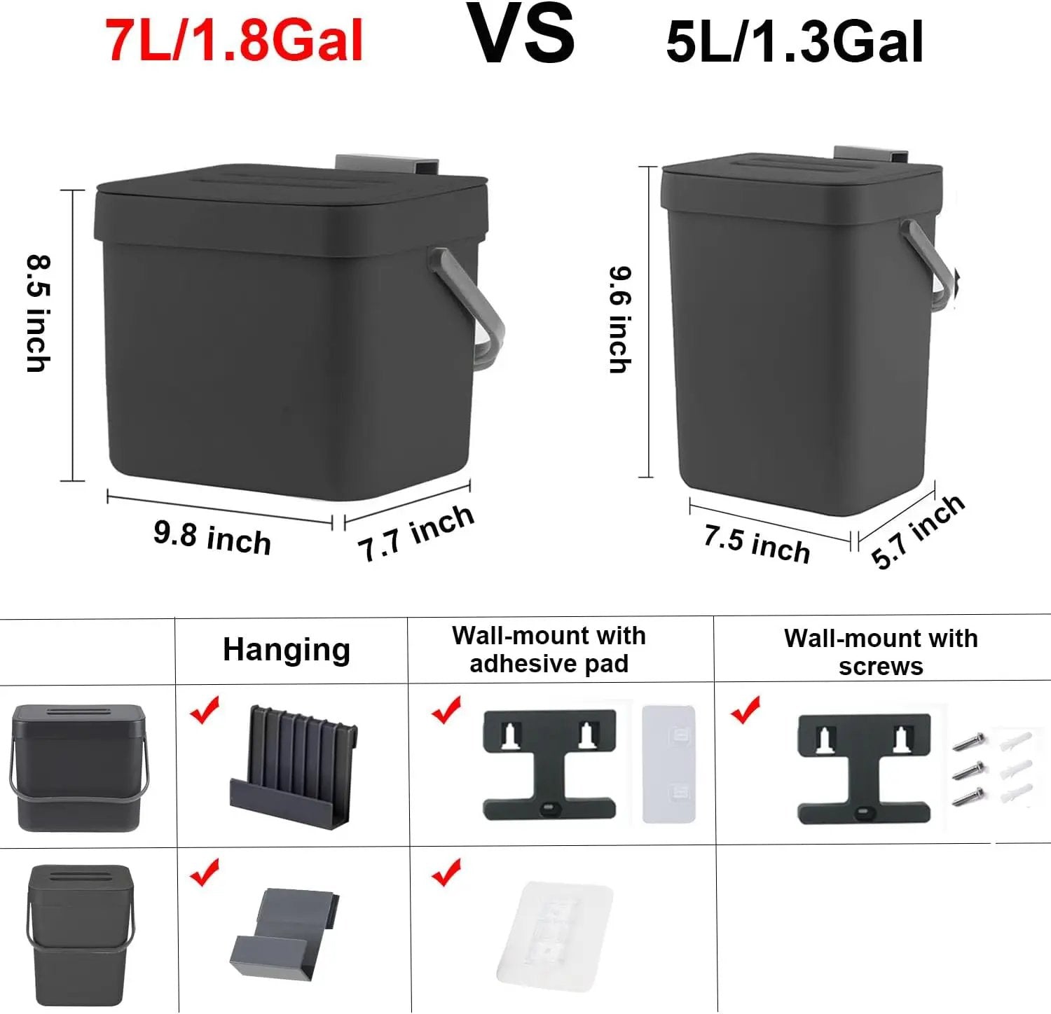 Kitchen Trash Can with Lid, LALASTAR Wall-Mounted Under Sink Small Garbage Can for Kitchen, Bathroom, Compost Bin Countertop, Cabinet Trash Can Hanging, 1.8 Gallon, (Black, 7L) by GreenHaven Gardens
