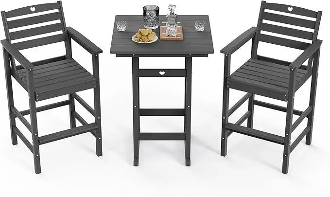 3-Piece HDPE Outdoor Bar, Outdoor Bar Stools and Outdoor Bar Table with Heart Cutout Design, All Weather Bistro Set Outdoor for Patio, Porch, Pool (Grey) by GreenHaven Gardens