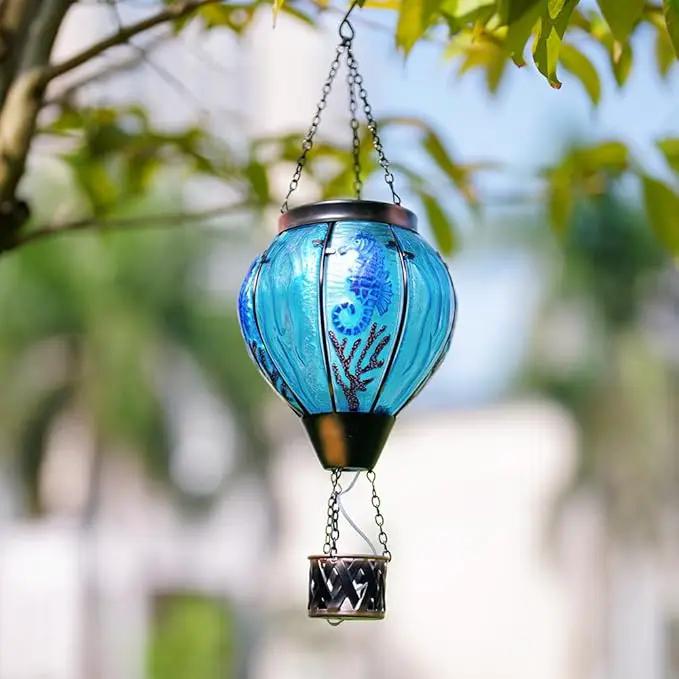 Seahorse Solar Hot Air Balloon Lantern with Flame Flickering Light,Glass Hot Air Balloon Solar Lanterns Outdoor Waterproof Hanging Outdoor Lights for Yard,Patio,Porch Garden Gift for Women by GreenHaven Gardens