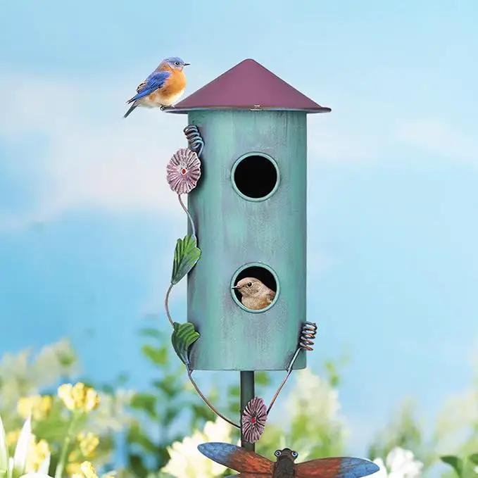 BAYN 57” Bird Houses Stake for Outside, Metal Wild Bird Feeder Double-Hole Birdhouse Stake with Cylinders Design Outdoor Decorations for Patio, Backyard, Garden by GreenHaven Gardens