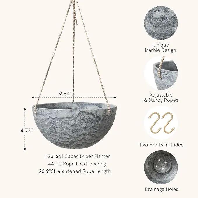 LA JOLIE MUSE Hanging Planter Flower Plant Pots - 9.84 Inch Indoor Outdoor Balcony Patio Hanging Basket Set of 2, Marble Pattern by GreenHaven Gardens
