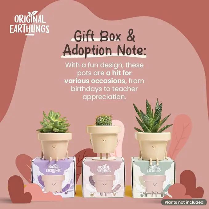 Original Earthlings Standing Pot - 3.5 Inch Cute Plant Pot - Plastic Funny Planter with Drainage - Unique Cactus Plant Lover Gift - Small Succulent Face Flower Pot - Cute Plant Gifts for Plant Lovers by GreenHaven Gardens