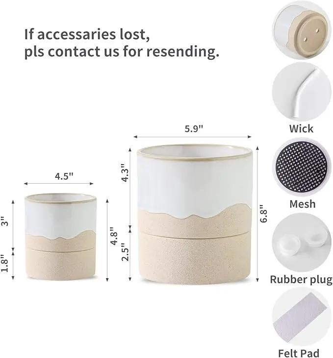 Nihow Self Watering Plant Pot for Indoor Plants: 4.5+6 Inch Ceramic Planter with Drainage Hole & Water Storage Plus - Cylinder Flower Pot with Wick for Herbs -White & Nature by GreenHaven Gardens