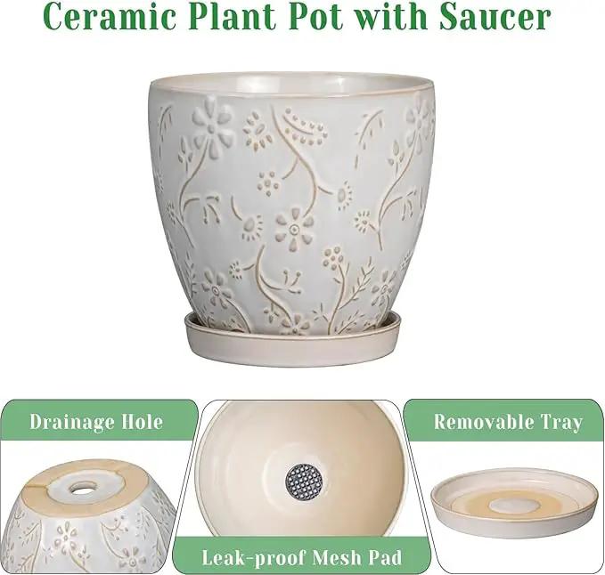 10 Inch Plant Pot Ceramic Planter Pot with Drainage Hole and Saucer Round Planter Large Flower Pot for Indoor Outdoor Plants Home Garden Decor White by GreenHaven Gardens