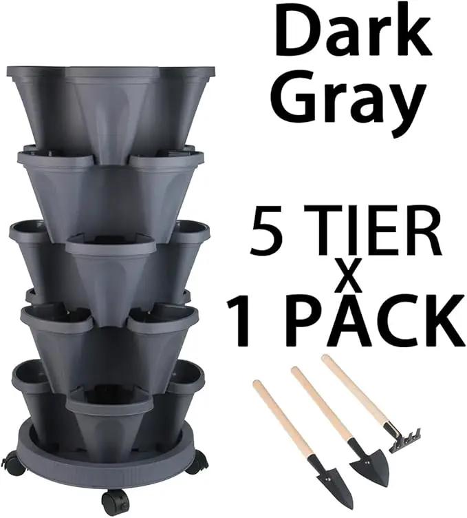 Vertical Planter 5 Tier Stackable Planters Garden Planters Strawberry Herb Flower and Vegetable Planter Indoor Outdoor Gardening Pots with Removable Wheels and Tools by GreenHaven Gardens