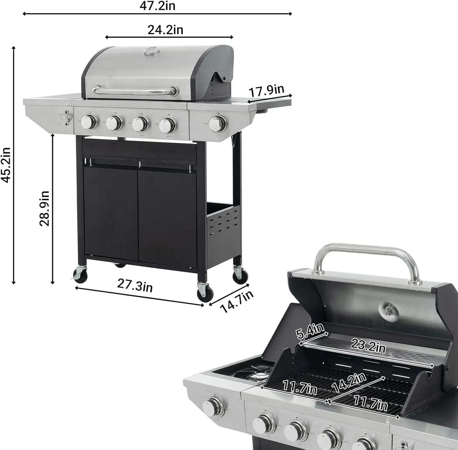 Endark 4-burner propane gas grill | Stainless steel construction | Dual side racks and wheels | Designed for patio, garden, and backyard cooking by GreenHaven Gardens
