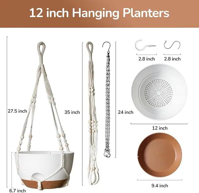 12 Inch Hanging Baskets for Plants Outdoor, Hanging Planters for Indoor Outdoor Plants, Hanging Planter with Self Watering, Hanging Flower Pots (White Planter with Macrame + Iron Hangers) by GreenHaven Gardens