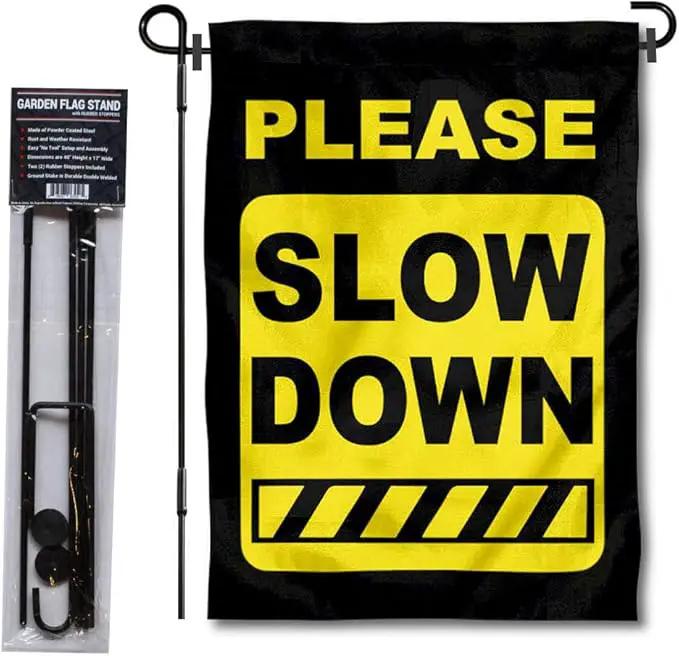 College Flags & Banners Co. Please Slow Down Speeding Sign Garden Flag with Pole Stand Holder by GreenHaven Gardens