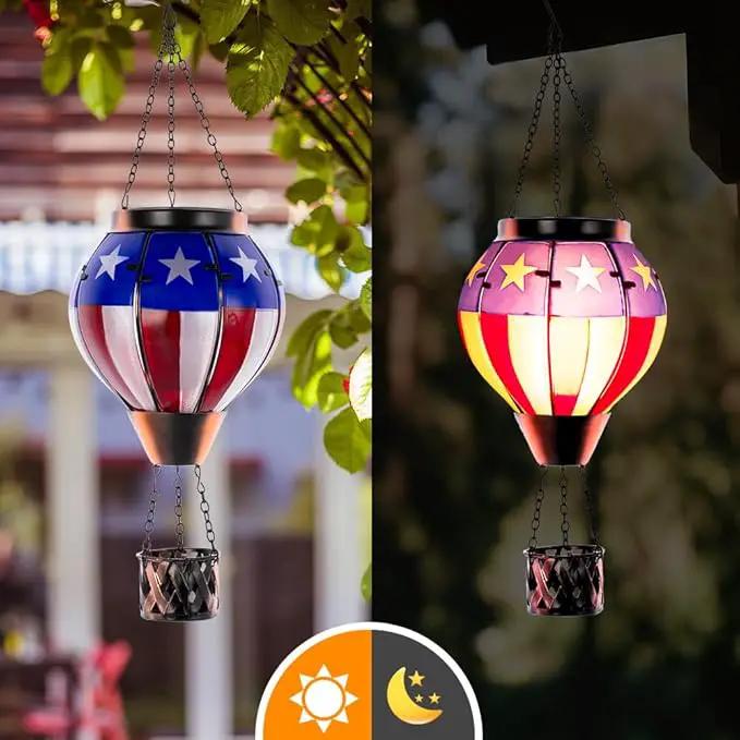 Hot Air Balloon Outdoor Lantern with Flickering Flame, Handmade Glass Solar Lantern with Flag Pattern Waterproof Lantern Lamp for Patio, Garden, Porch by GreenHaven Gardens