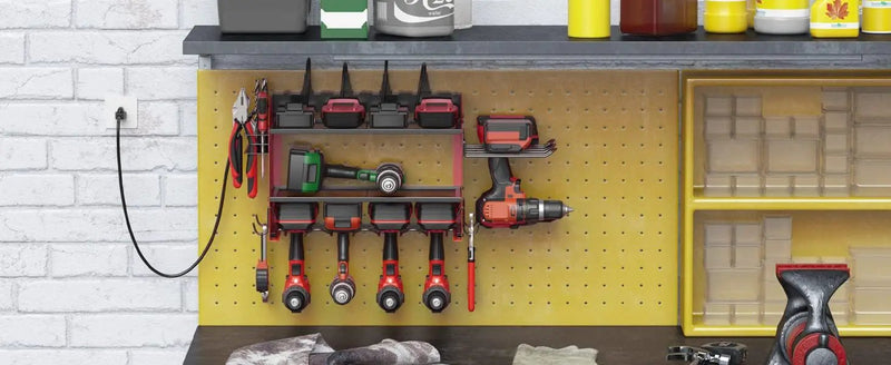 CCCEI Modular Power Tool Organizer Wall Mount Charging Station, Red 6 Drills Holder with 8 Plug Power Strip, Garage Drill Battery Heavy Duty Metal Shelf, Utility Rack with Hooks, Side Storage. by GreenHaven Gardens