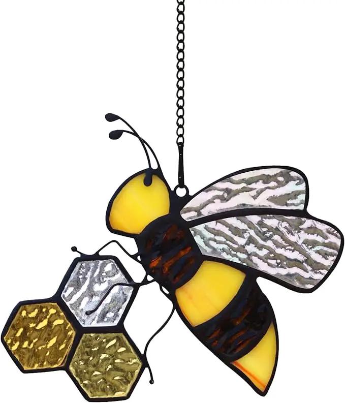 Bee On Honeycomb Stained Glass Window Hangings, Bee Suncatcher Garden Bee Decor Bee Gift for Mom Women by GreenHaven Gardens